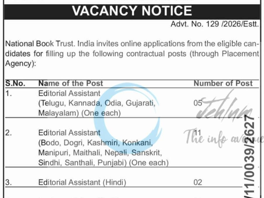 National Book Trust India NBT Editorial Assistant Assistant Editor Language Job opportunities 2026