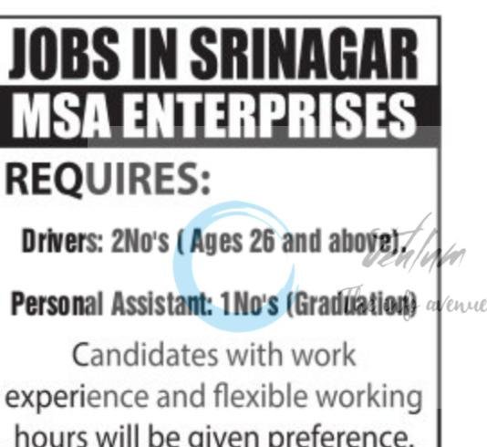 MSA Enterprises srinagar staff job opportunities 2026