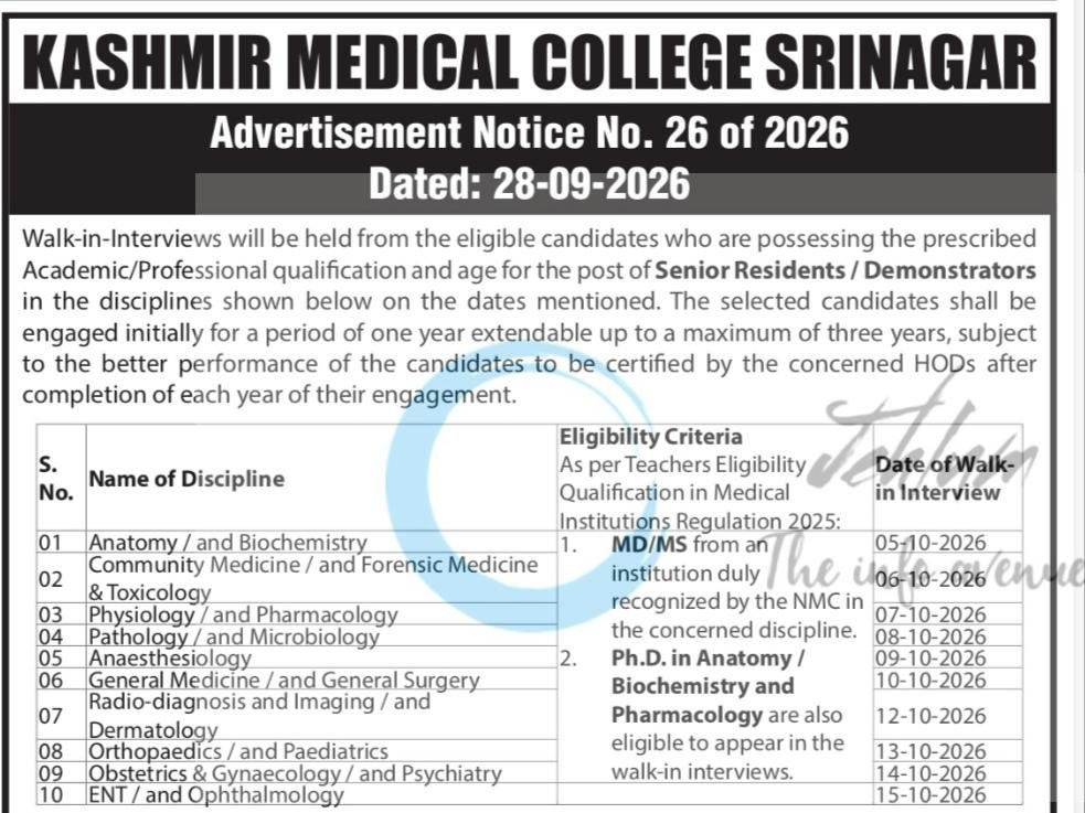 Kashmir Medical College Srinagar Senior Resident Demonstrator employment opportunities notice 26 of 2026