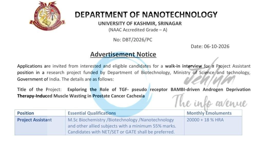 Kashmir University Dept of Nanotechnology Project Assistant Advertisement Notice DBT/2026/PC