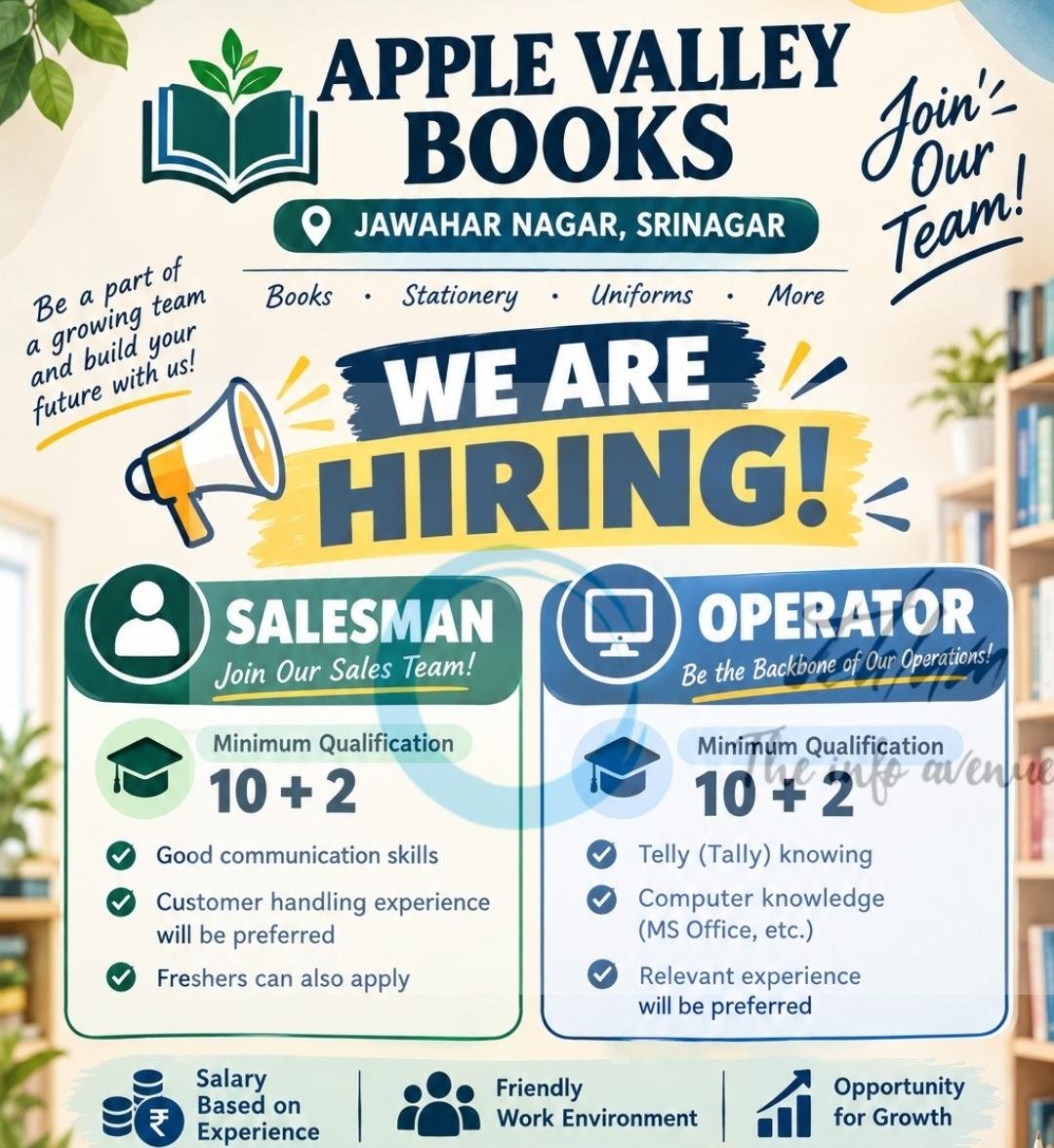 Apple Valley Books Srinagar Salesman/ Operator Jobs Opportunities 2026