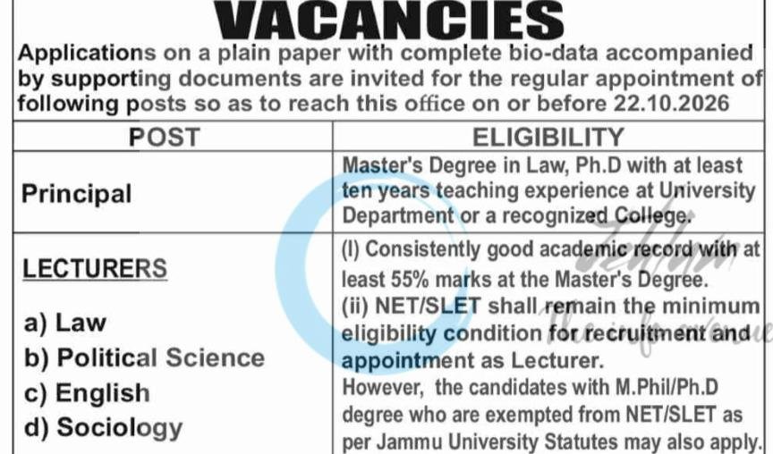 K.C. Law College Jammu Principal/ Lecturers Jobs Vacancies Notification No. KCL/Adv/26