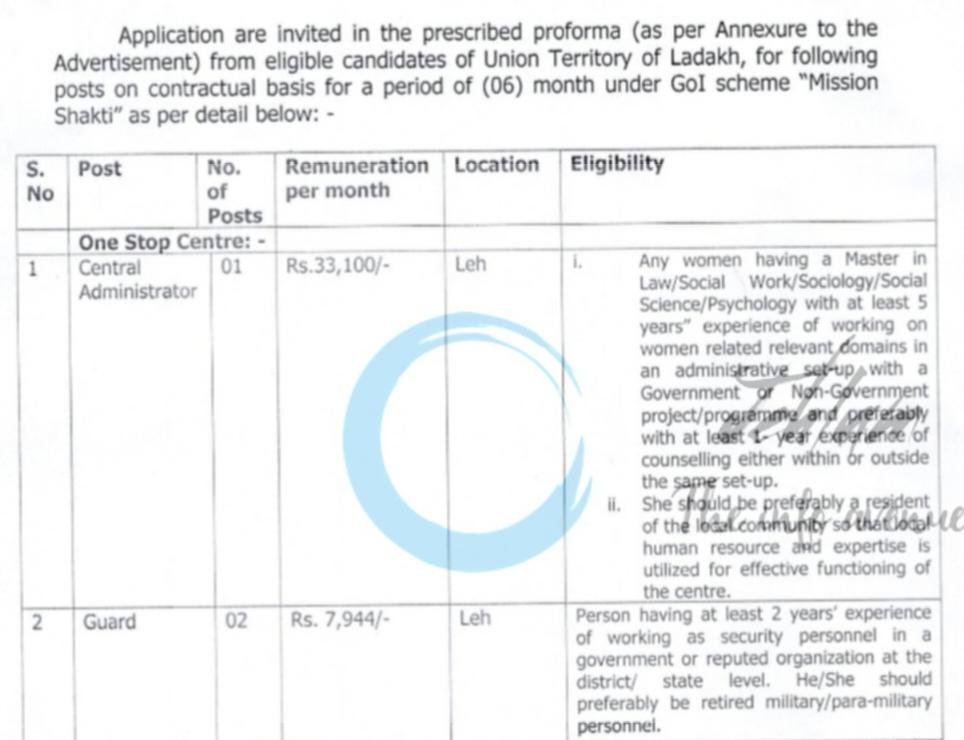 District Programme Officer ICDS Projects Leh Central Administrator/ Guards Recruitment Advertisement Notice 67-DPOL of 2026