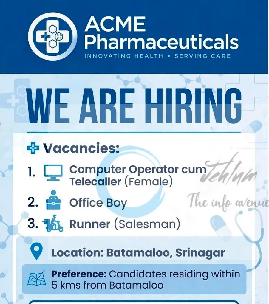 ACME Pharmaceuticals Srinagar Computer Operator Telecaller job opportunities 2026