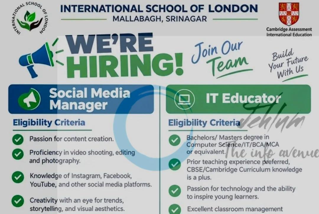 International School of London Srinagar Social Media Manager IT Educator job opportunities 2026