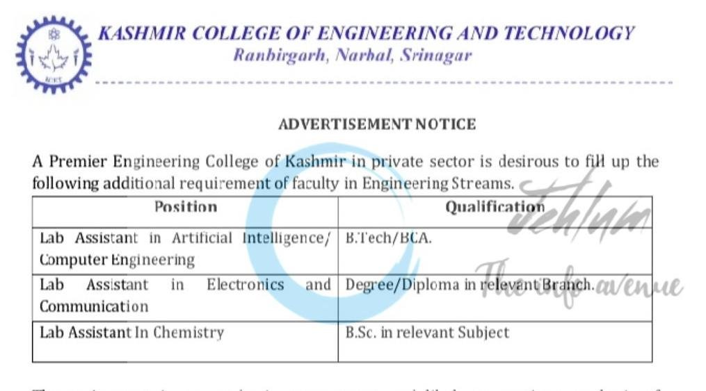 Kashmir College of Engineering and Technology KCET Srinagar job opportunities 2026