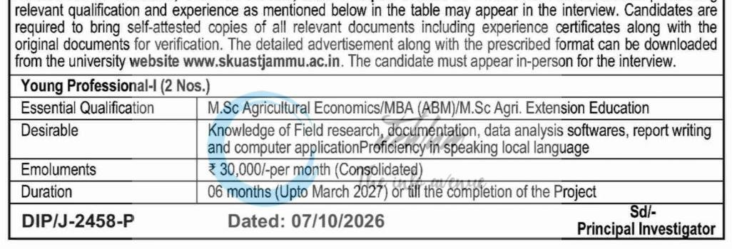 SKUAST Jammu Young Professional I job opportunities Walk in 2026