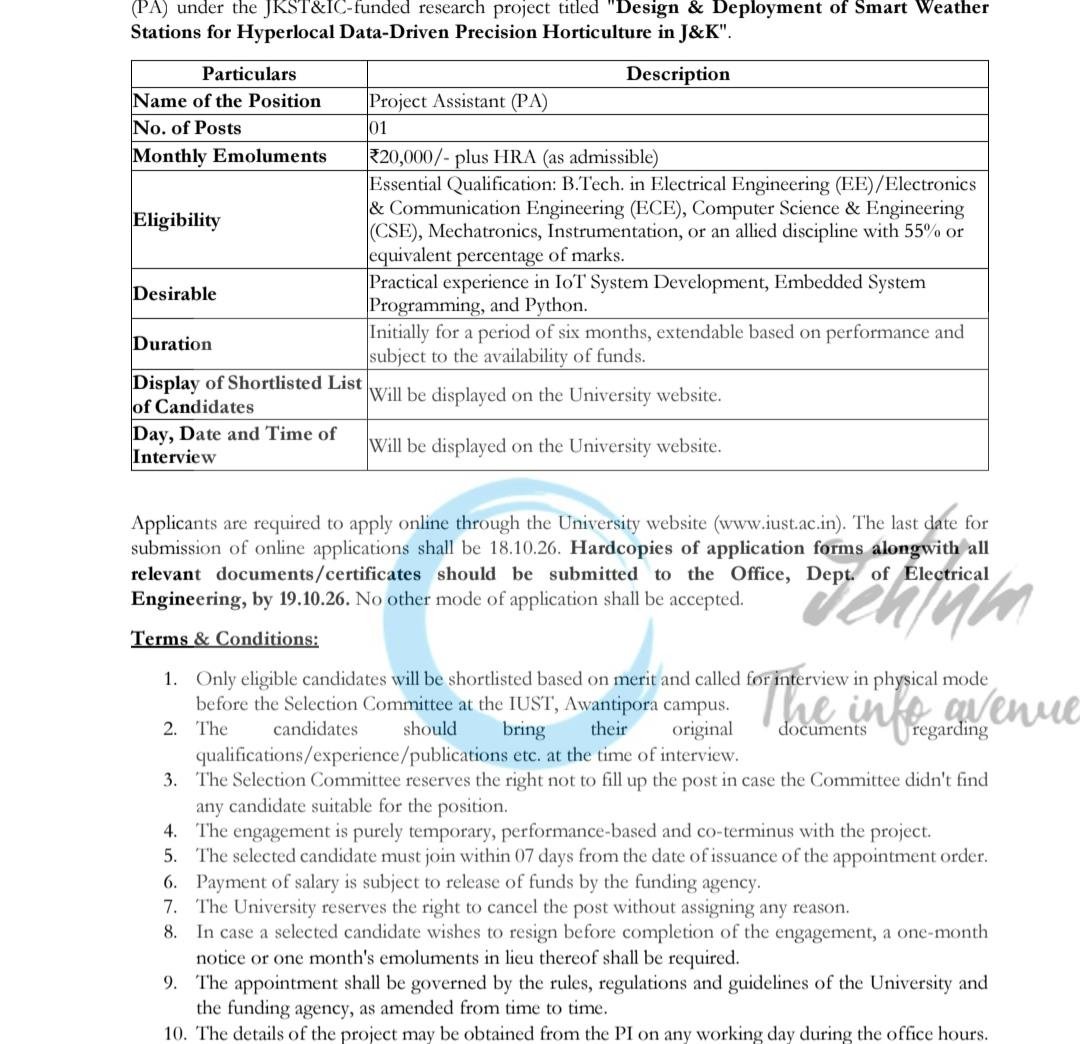 IUST Awantipora Electrical Engineering Project Assistant employement Opportunities 2026