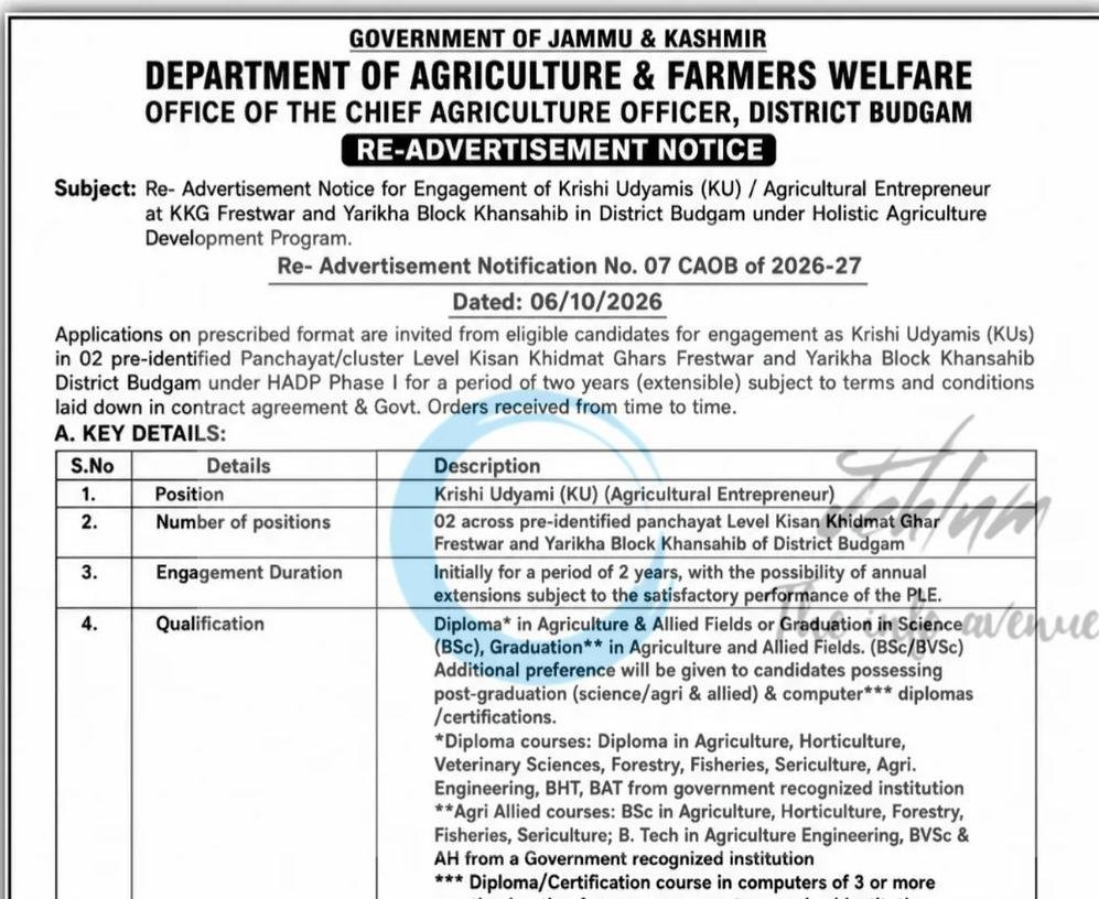 Chief Agriculture Officer Budgam Krishi Udyami KKG Khansaib HADP Opportunities 2026