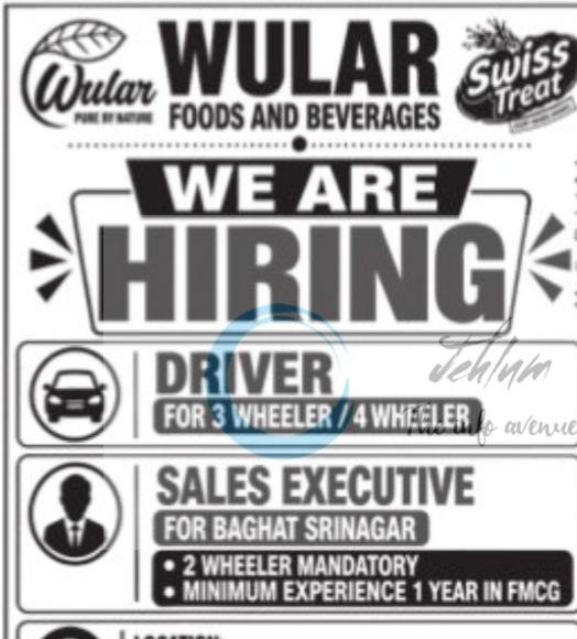 Wular Foods and Beverages Srinagar Sales Executive Opportunities 2026