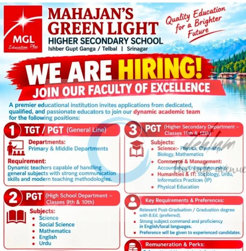 Mahajans Green Light Higher Secondary School Srinagar teaching opportunities 2026