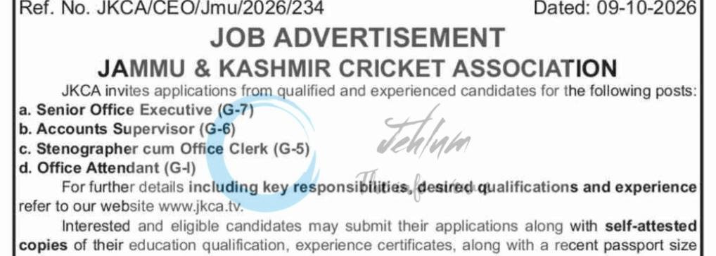 Jammu and Kashmir Cricket Association JKCA Senior Office Executive Accounts Supervisor Stenographer employment opportunities notice JKCA/CEO/Jmu/2026/234