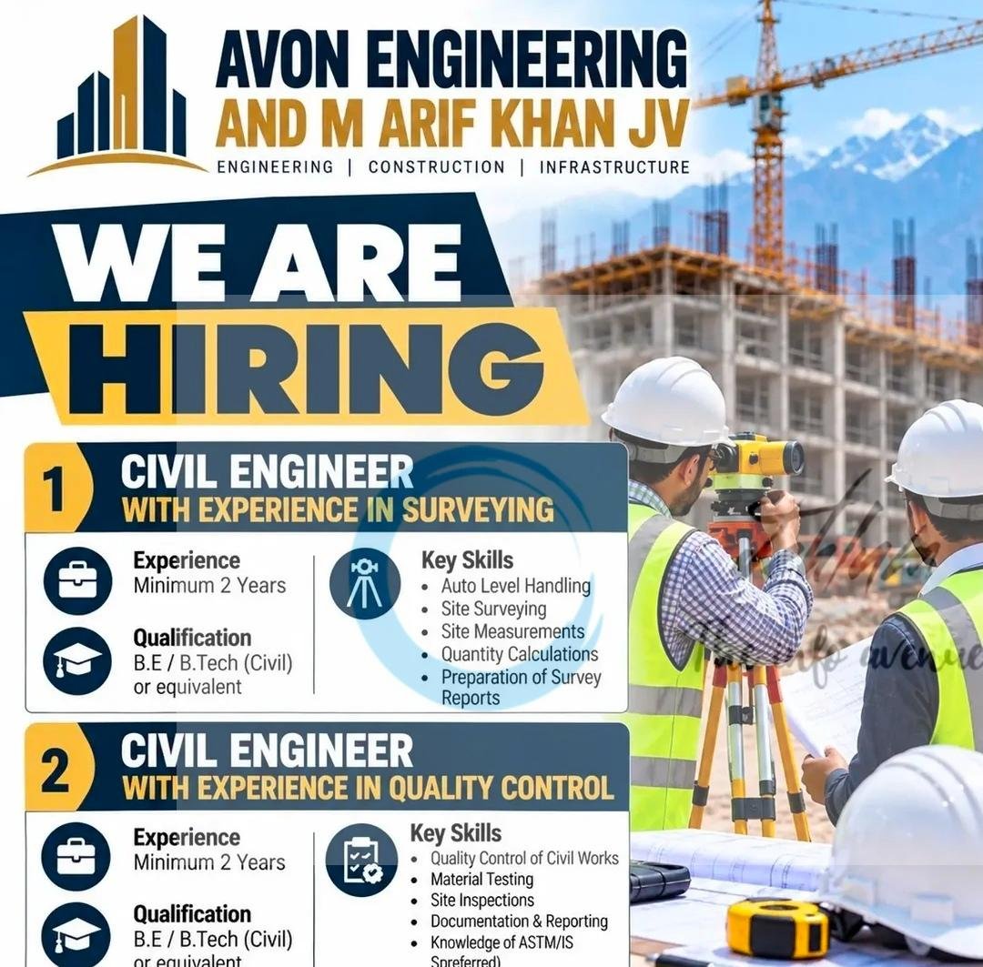 Avon Engineering and M Arif Khan JV Pampore Civil Engineer opportunities 2026