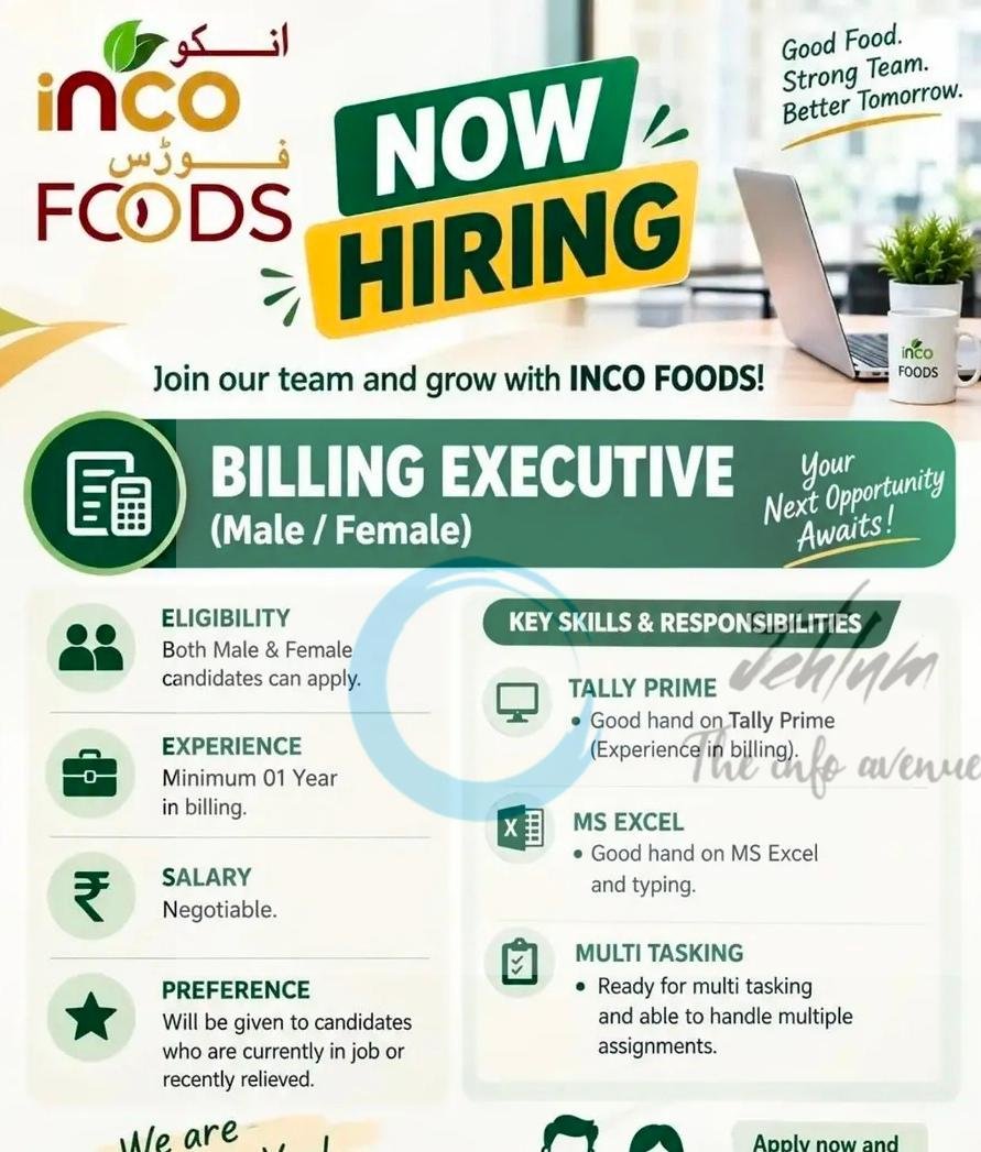 Inco Foods Srinagar Billing Executive opportunities 2026