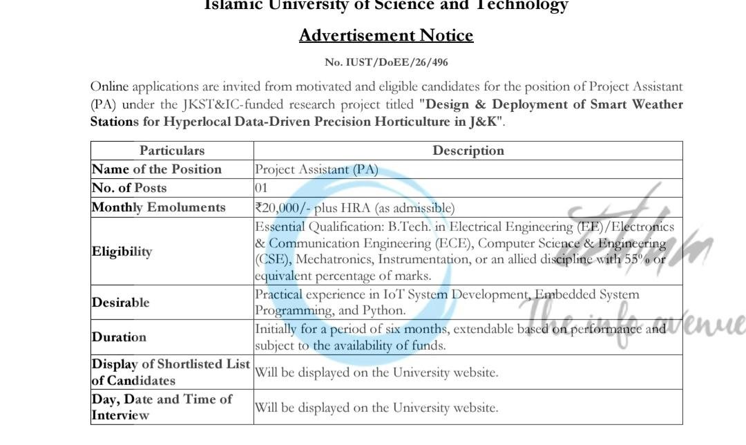 IUST Awantipora Electrical Engineering Department Project Assistant opportunities notice IUST/DoEE/26496