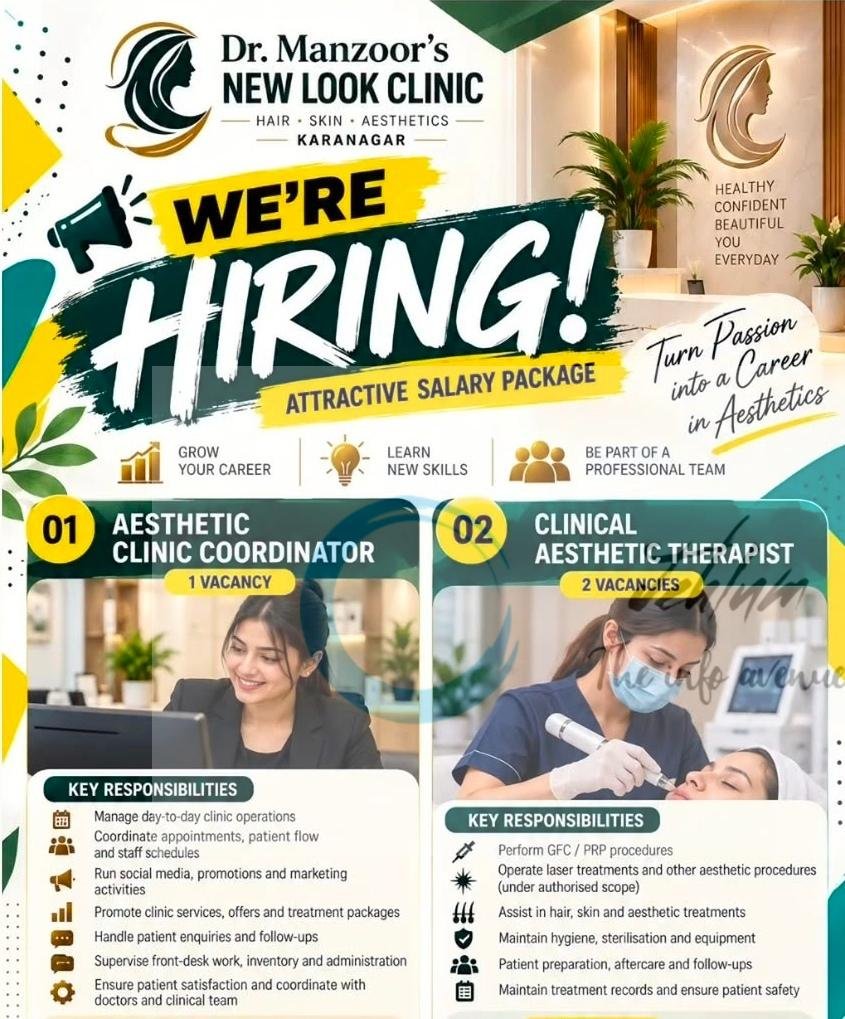 Dr Manzoors New Look Clinic Karanagar Aesthetic Clinic Coordinator Clinical Aesthetic Therapist opportunities 2026