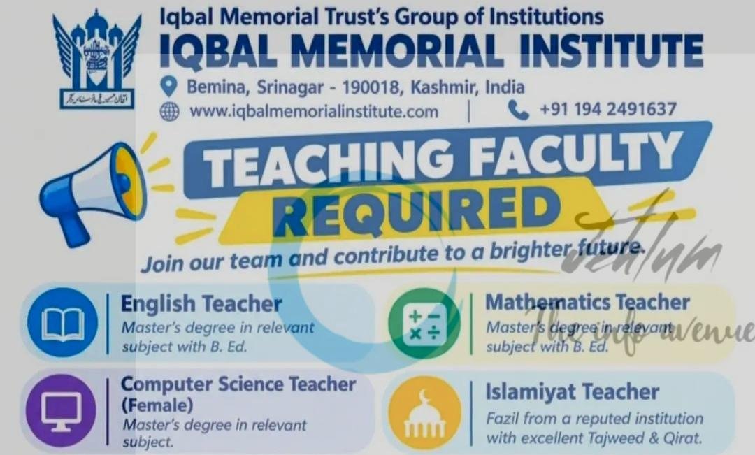 Iqbal Memorial Institute IMI Srinagar teaching job opportunities 2026