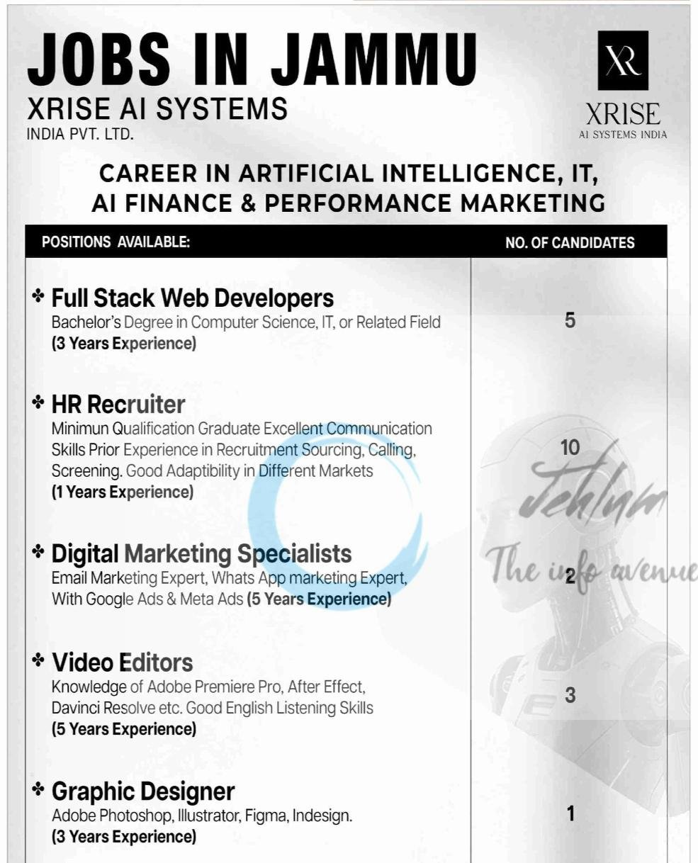 XRise AI Systems India Pvt Ltd Jammu Full Stack Web Developers HR Recruiter Digital Marketing Specialists opportunities 2026