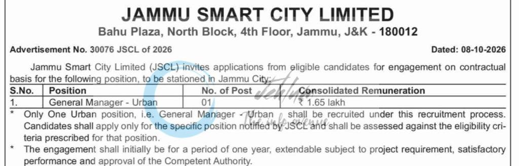 Jammu Smart City Limited JSCL General Manager Urban opportunities 30076/JSCL of 2026