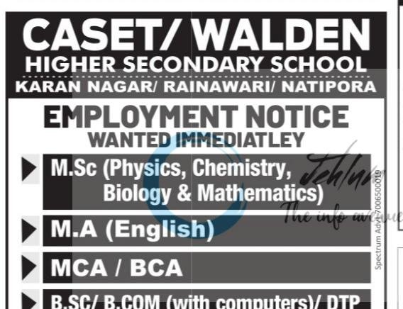 CASET Walden Higher Secondary School Srinagar Teaching opportunities 2026