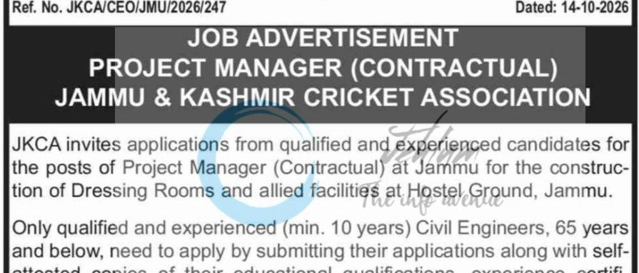 Jammu and Kashmir Cricket Association JKCA CEO Jammu Project Manager opportunities notice JKCA/CEO/JMU/2026/247