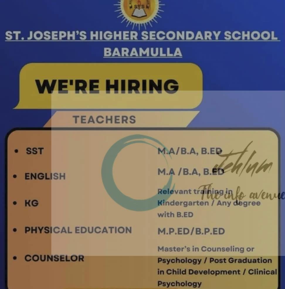 St Josephs Higher Secondary School SJHSS Baramulla teaching opportunities 2026