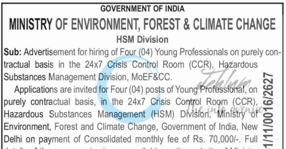 Ministry of Environment Forest Climate Change MoEFCC HSM Division Young Professionals opportunities notice 13101/11/0016/2627