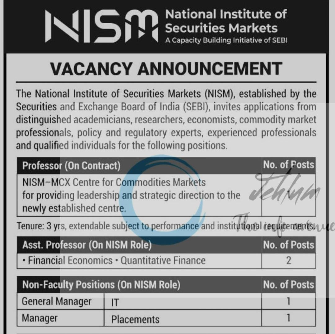 National Institute of Securities Markets NISM Professor/ Assistant Professor/ General Manager Recruitment Advertisement 2026