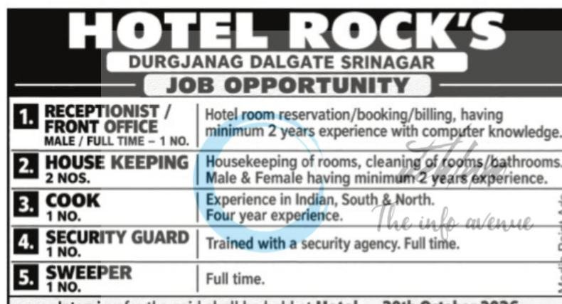 Hotel Rocks srinagar staff opportunities 2026