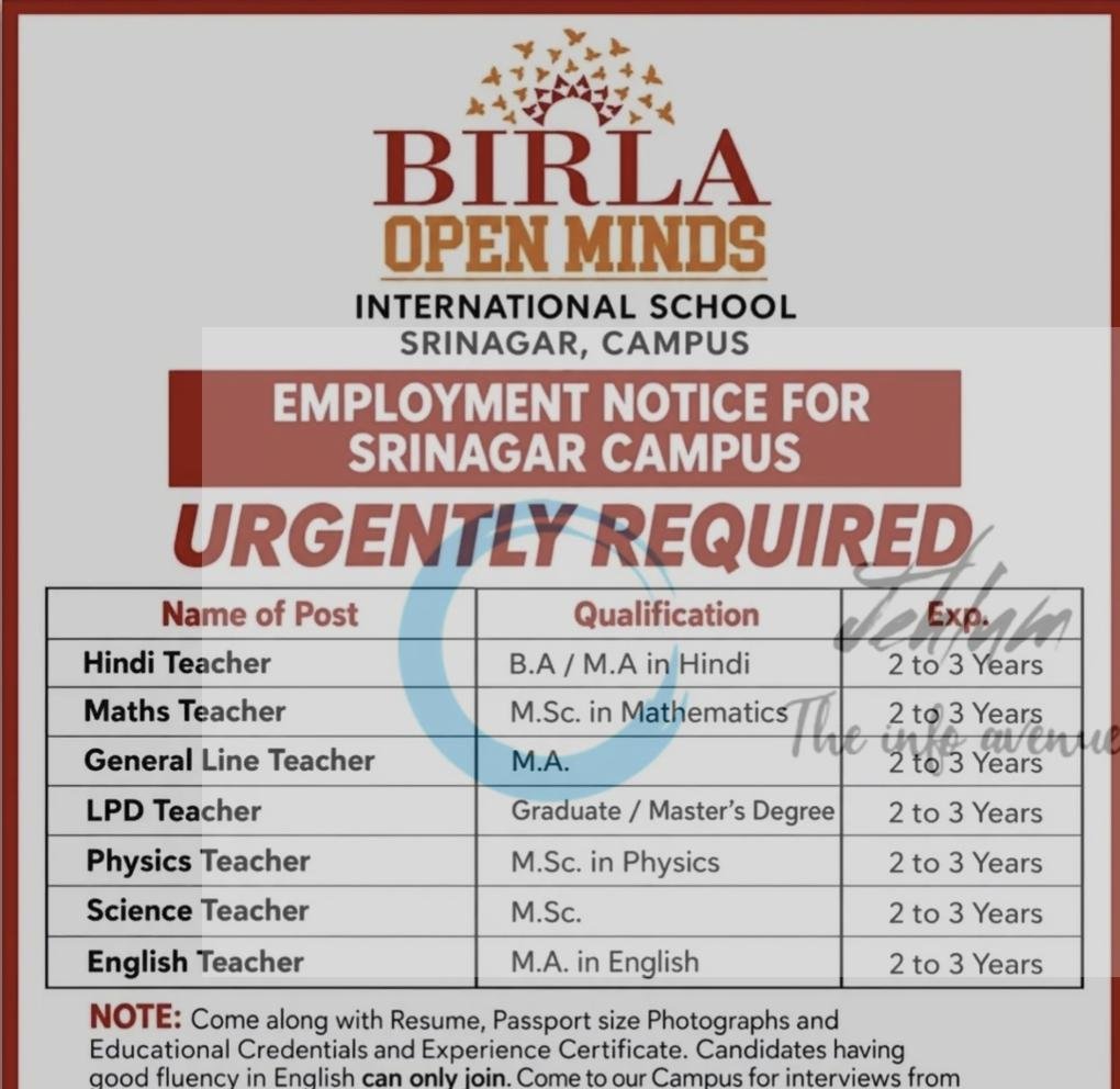 Birla Open Minds International School Srinagar Hindi/ Maths Teacher Jobs Openings 2026