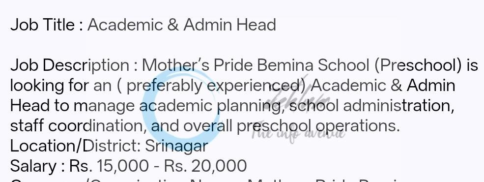 Mothers Pride Bemina School Srinagar teaching opportunities 2026