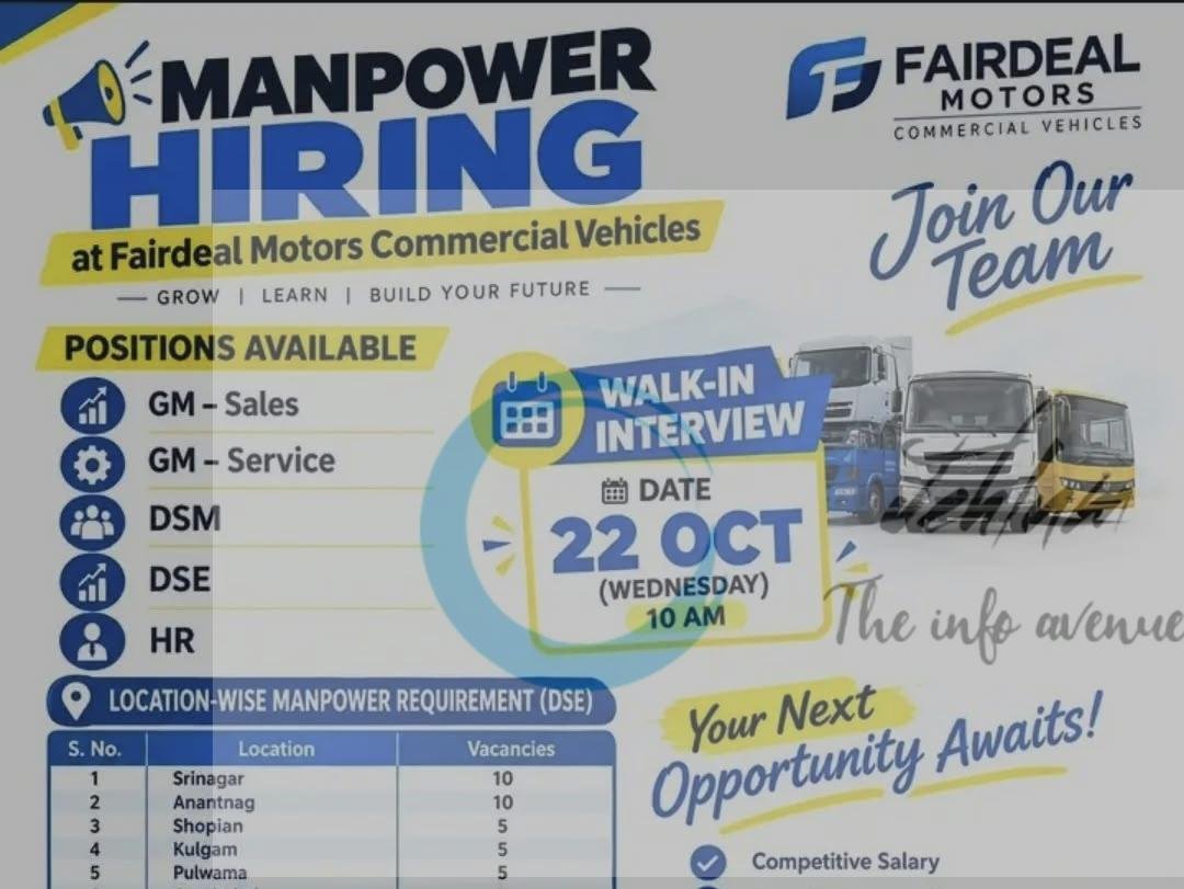 Fairdeal Motors Commercial Vehicles Srinagar Jammu Anantnag Shopian Sales Executive GM HR opportunities 2026