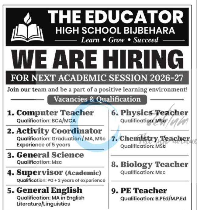 The Educator High School Bijbehara staff opportunities 2026