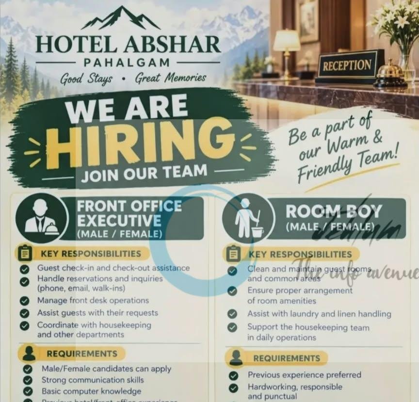 Hotel Abshar Pahalgam Front Office Executive opportunities 2026