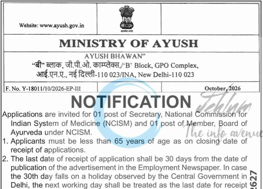 Ministry of AYUSH NCISM New Delhi Secretary Member Board of Ayurveda Advertisement Notice F. No. Y-18011/10/2026-EP-III