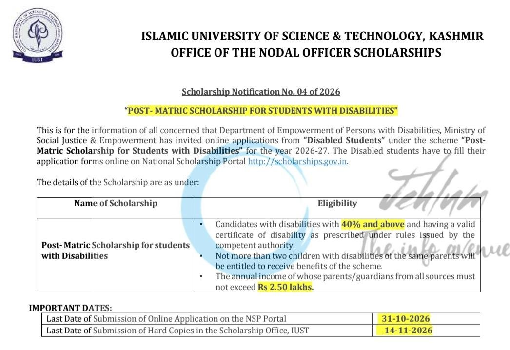 IUST Post-Matric Scholarship 2026-27 for Students with Disabilities