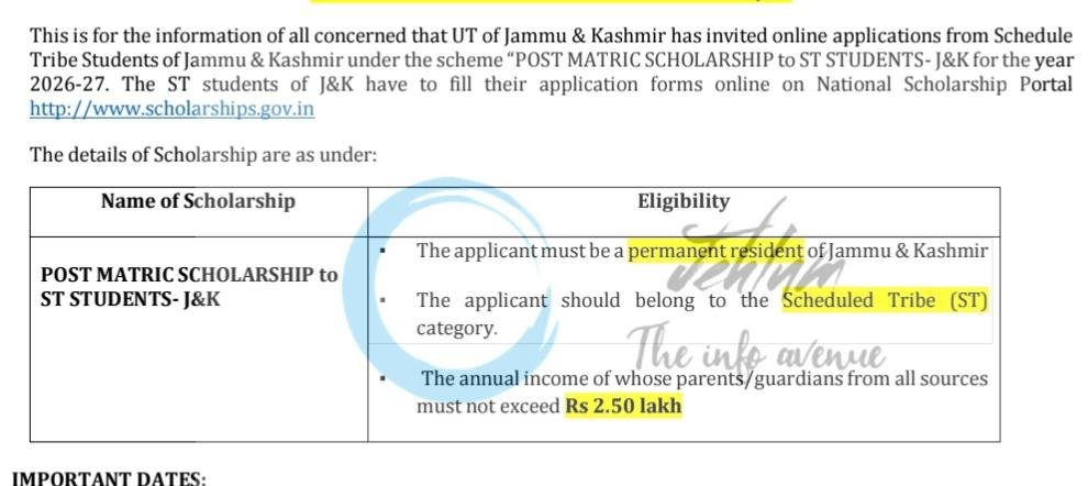 IUST Post-Matric Scholarship 2026-27 for ST Students (J&K) Notification No 02 of 2026