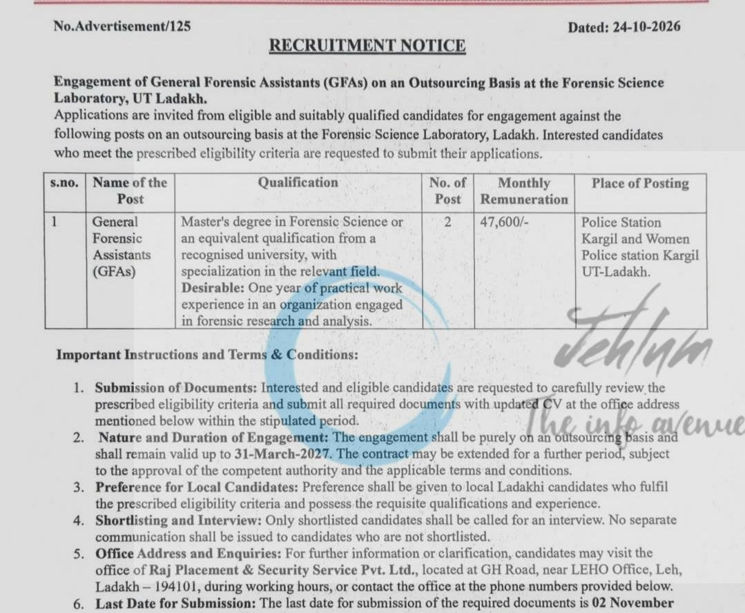 Raj Placement and Security Service Pvt Ltd Forensic Science Laboratory Kargil General Forensic Assistants notice Advertisement/125