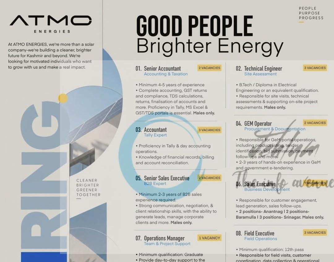 ATMO ENERGIES Srinagar Anantnag Baramulla Senior Accountant Technical Engineer Sales Executive opportunities 2026