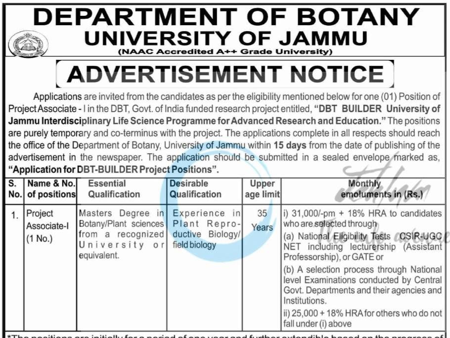 University of Jammu Deptt of Botany Project Associate-I Advertisement Notice JU/BOT/80/26/37