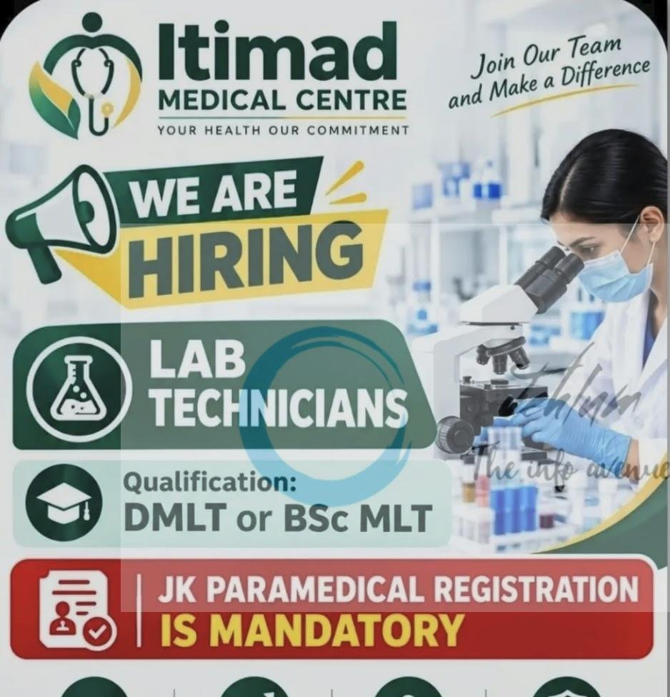 ITIMAD MEDICAL CENTRE Srinagar Lab Technicians opportunities 2026