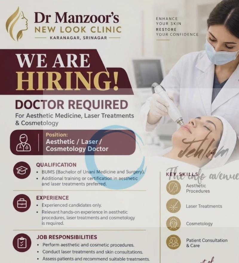 Dr Manzoors New Look Clinic srinagar Aesthetic Laser Cosmetology Doctor opportunities 2026