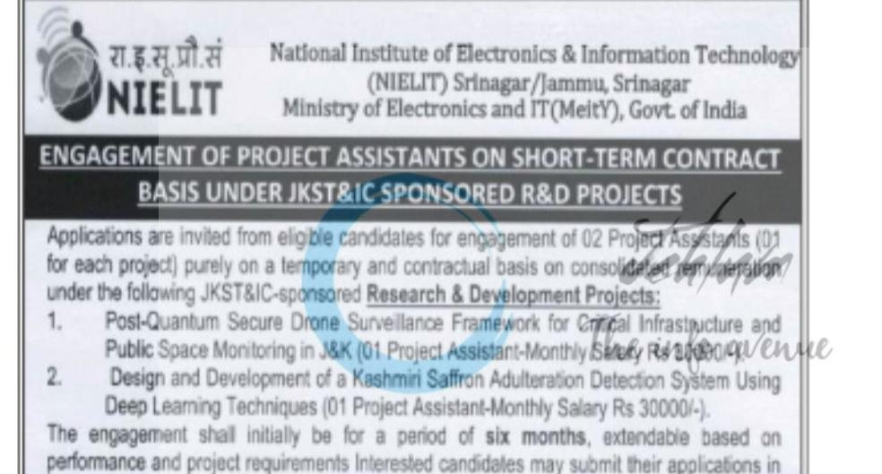National Institute of Electronics and Information Technology NIELIT Srinagar Project Assistant opportunities notice 07/01/08/NIELIT/S/J/R/10