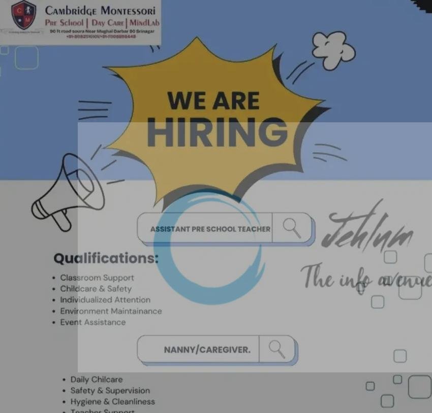 Cambridge Montessori Pre School Srinagar staff opportunities 2026