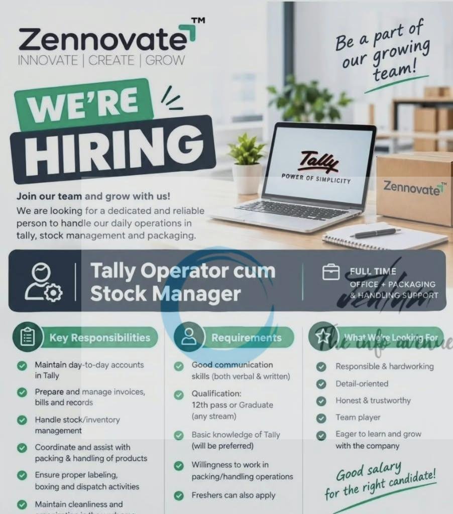 Zennovate srinagar Tally Operator cum Stock Manager opportunities 2026