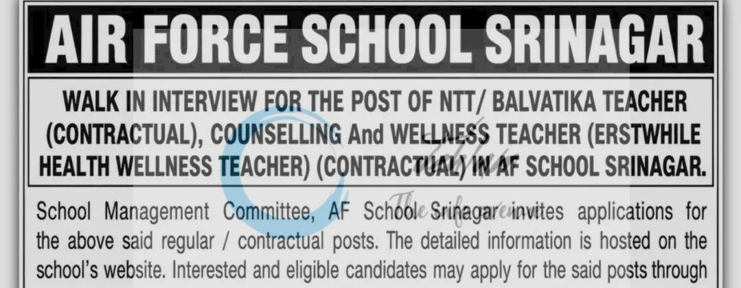 Air Force School Srinagar NTT Balvatika teaching opportunities 2026