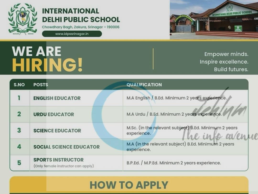 International Delhi Public School IDPS Srinagar teaching job opportunities 2026
