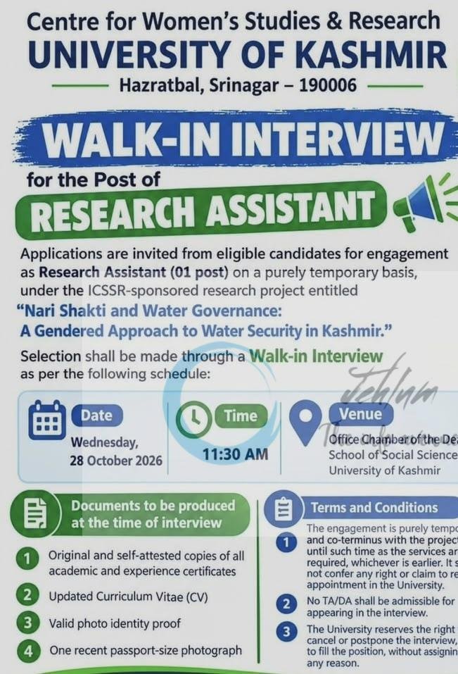 Ku Centre for Women's Studies and Research Srinagar Research Assistant opportunities 2026