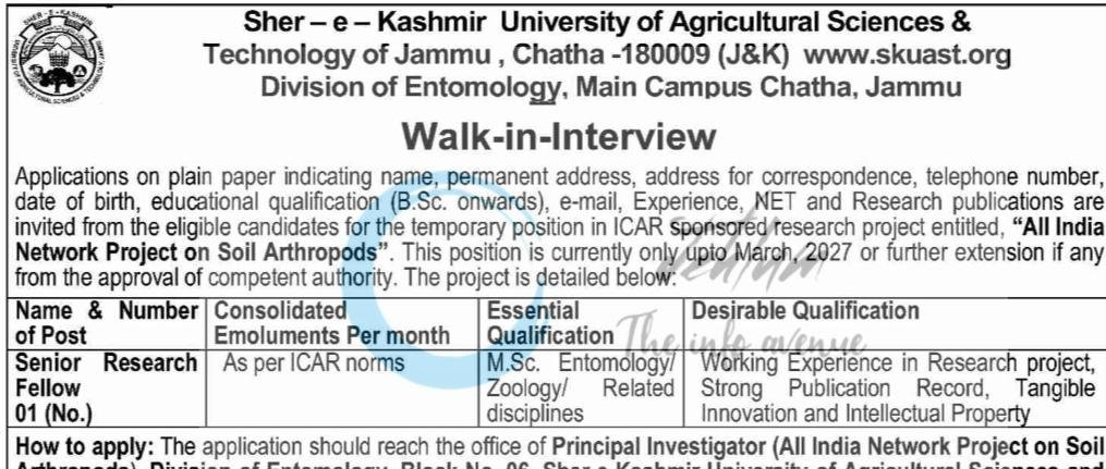 SKUAST Jammu Division of Entomology Research Fellow opportunities notice AUJ/Entom/26/27/F/AINPSAP/118