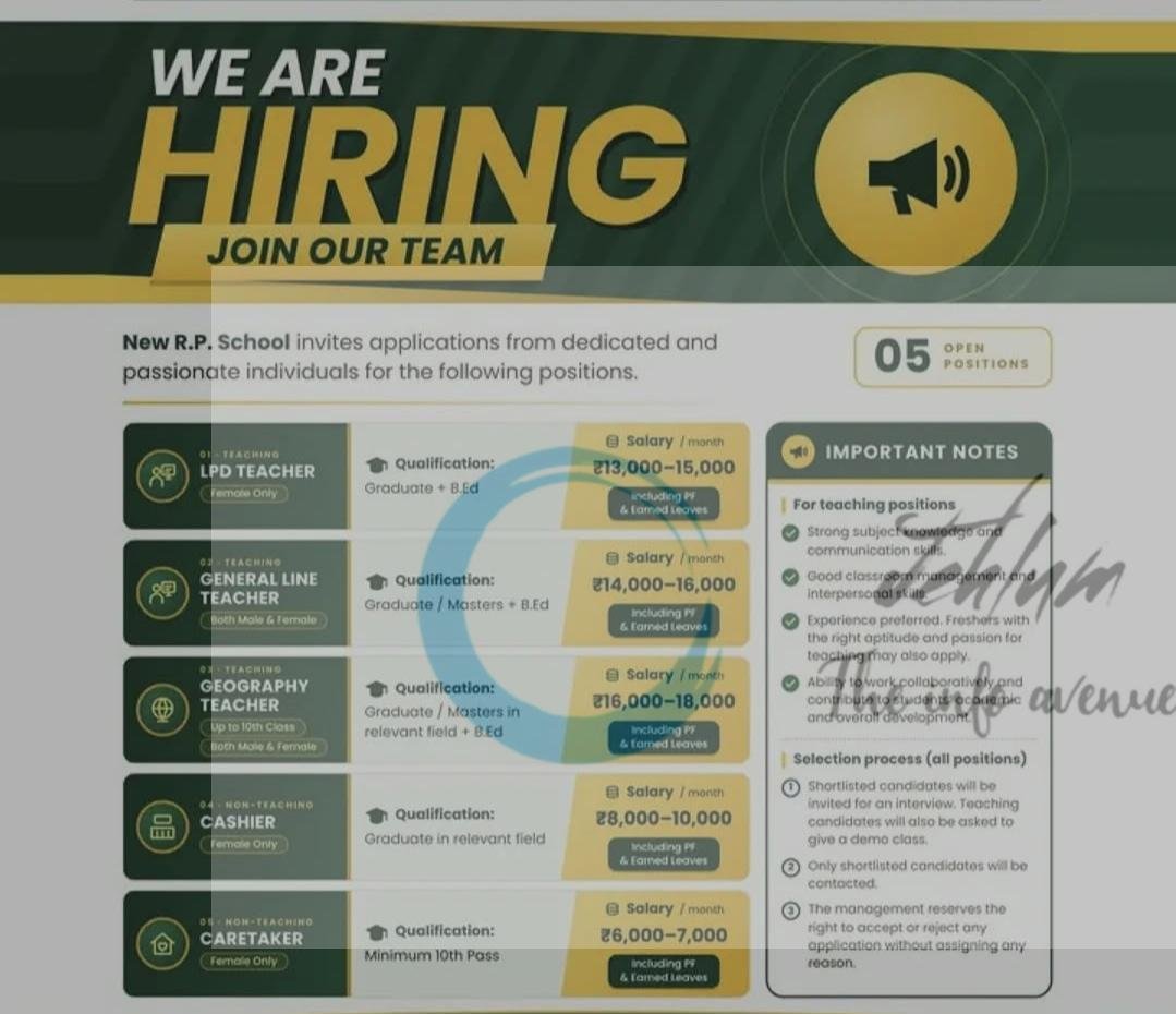 New RP School Srinagar teaching opportunities 2026